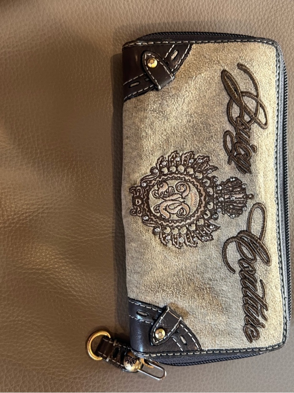 Vintage juicy couture Leather-Trim Beige Zip Wallet
